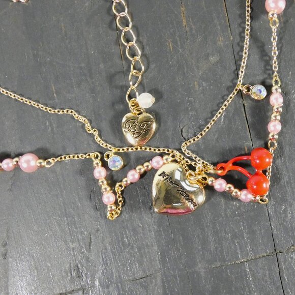 NWT Cute FUN! Betsey Johnson Triple Three Strand Heart Cherry Necklace Pink - Picture 3 of 8